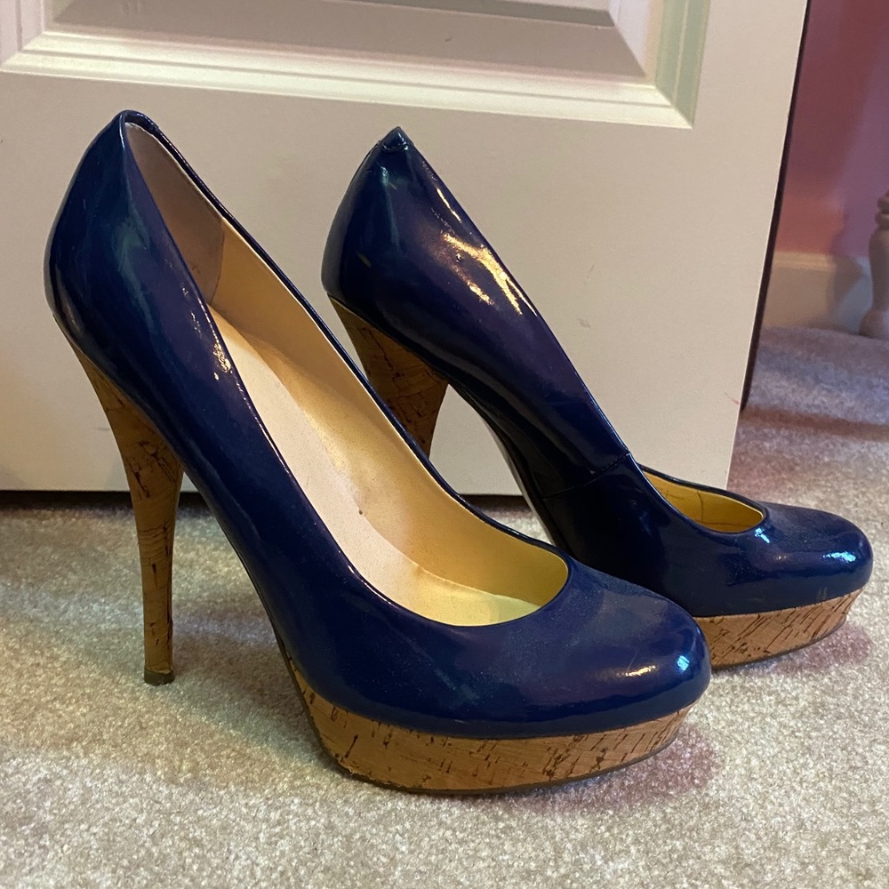 Guess Karise Blue Leather Cork Platform Pumps 8.5